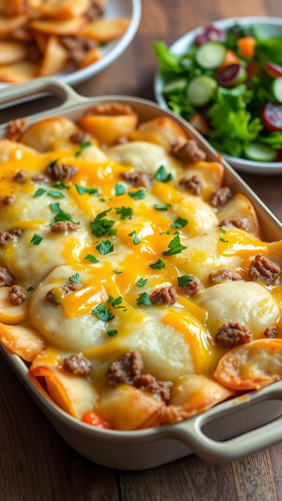 Cheesy potato hamburger casserole with layers of potatoes, beef, and melted cheese, garnished with parsley.